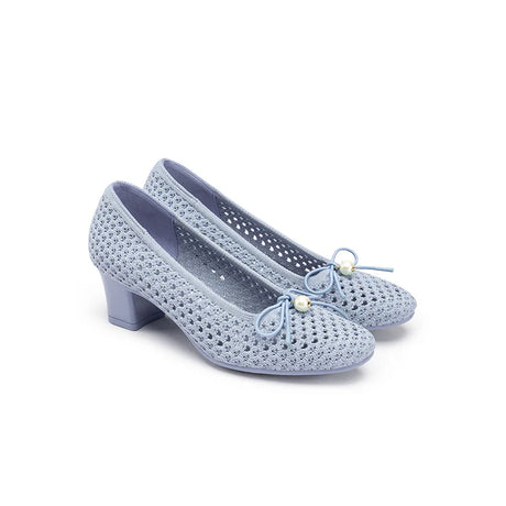 Pearl Bow Mesh Knit Round Toe Pumps - Blue