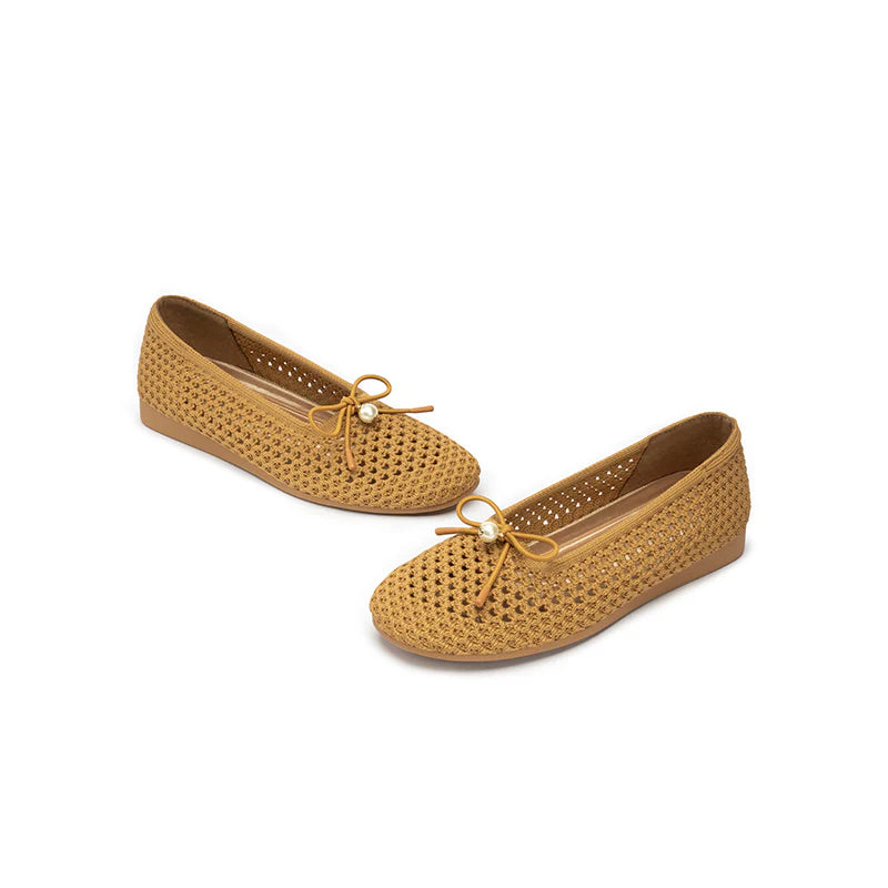 Pearl Bow Heart Mesh Knit Round Toe Wedge Flats - Tan