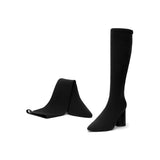 Pointed Toe Block Heel Stretch Knee High Boots - Black