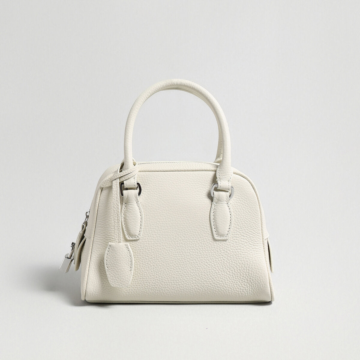 Mini Pebbled Leather Bowling Bag with Padlock Charm - Ivory