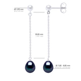 Earrings Real Cultured Freshwater Pearls Pear 7-8 mm - Black "Tahitian Style" - Longueur 18 cm