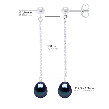 Earrings Real Cultured Freshwater Pearls Pear 7-8 mm - Black "Tahitian Style" - Longueur 18 cm