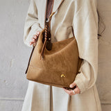 Nalandu Vintage Suede Hobo Bucket Bag - Camel