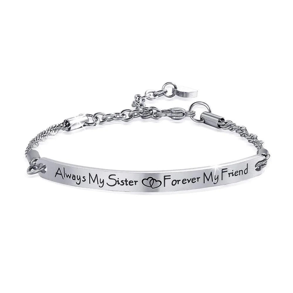 Bullion Gold Sisters Forever Inscriptions White Gold Bar Bracelet