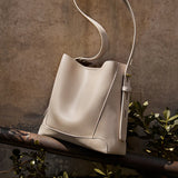 Nalandu Luxe Genuine Leather Bucket Tote Shoulder Bag - Taupe