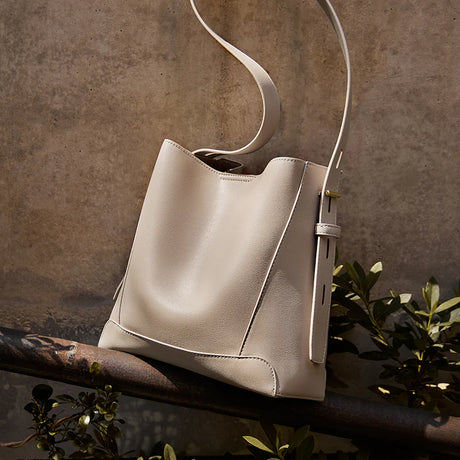 Nalandu Luxe Genuine Leather Bucket Tote Shoulder Bag - Taupe