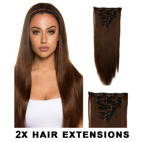 2Pcs 22" Medium Brown High Grade Synthetic 7Piece 16Clips  Straight Hair Extension 2X