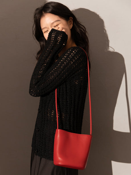 Thin Strap Waterproof Leather Bucket Bag - Red