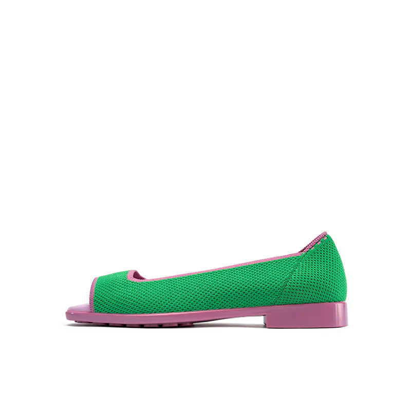 Colorblock Peep Toe Knit Flats - Green