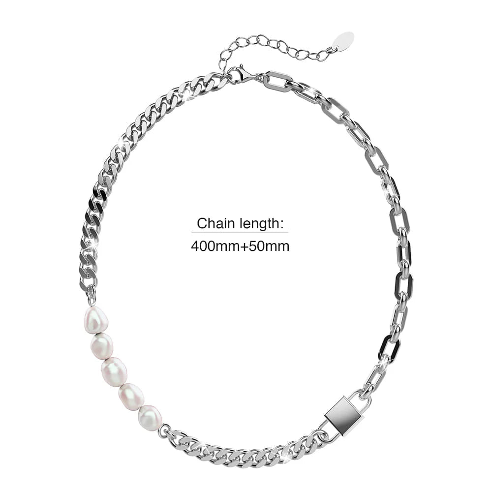 Bullion Gold Paperclip Cuban Chain Link Pearl Necklace in White Gold
