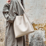 Nalandu Minimal Soft Leather Commuter Tote Bag - Ivory