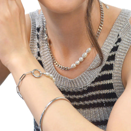 Bullion Gold Paperclip Cuban Chain Link Pearl Necklace in White Gold