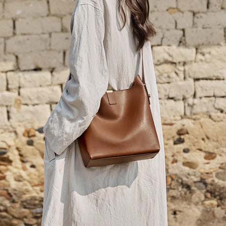 Nalandu Minimalist Genuine Leather Bucket Shoulder Bag - Coffee