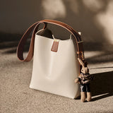 Nalandu Minimalist Genuine Leather Bucket Shoulder Bag - Ivory