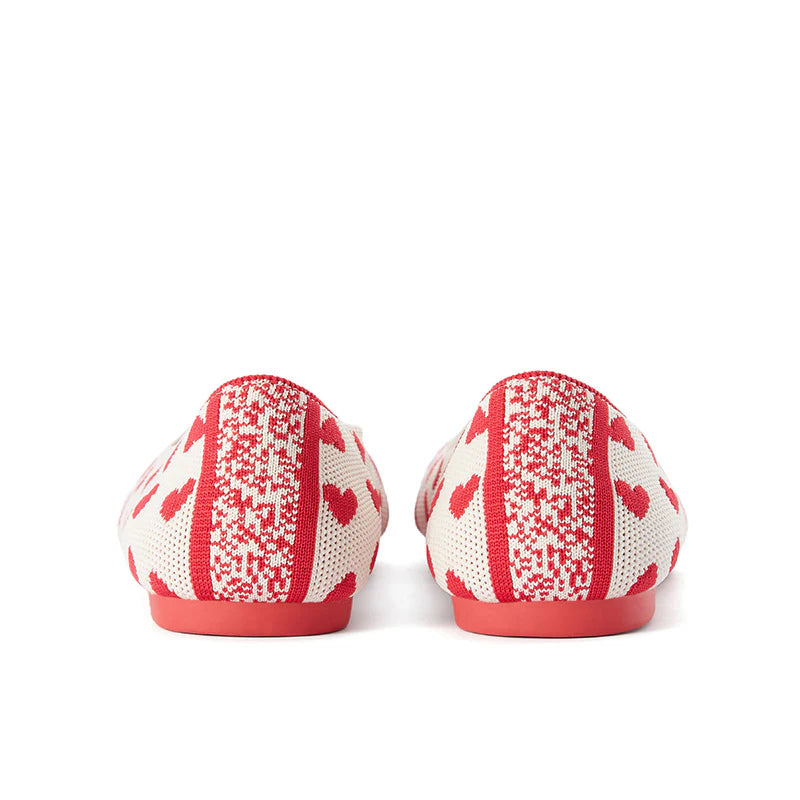 Heart Print Pointed Toe Comfortable Flats - Red