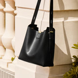 Nalandu Minimalist Genuine Leather Bucket Shoulder Bag - Black