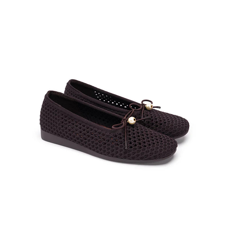 Pearl Bow Heart Mesh Knit Round Toe Wedge Flats - Chocolate