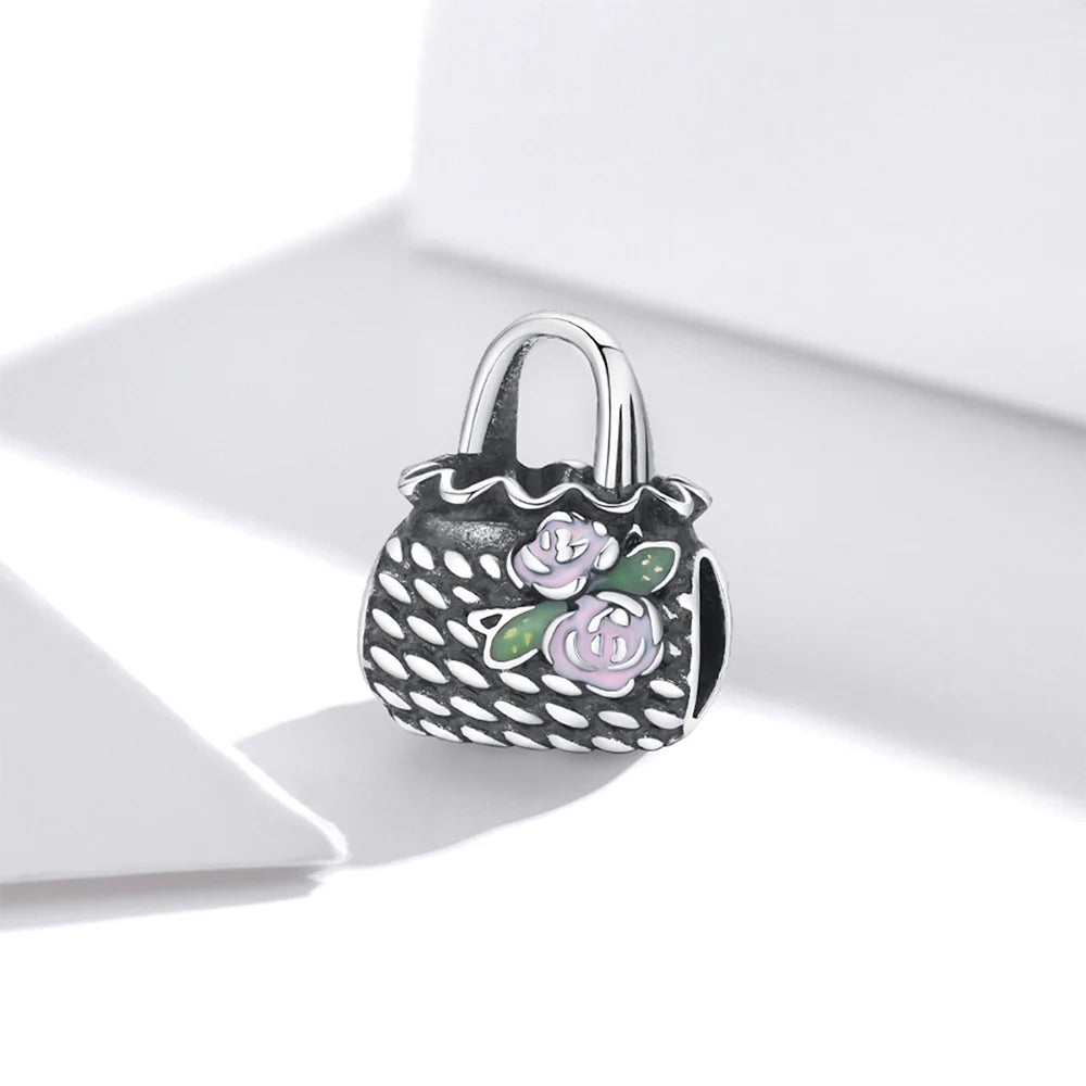 Solid 925 Sterling Silver Exclusive Floral Handbag Pandora Inspired Bead Charm