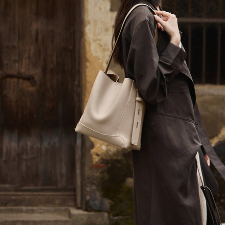 Nalandu Luxe Genuine Leather Bucket Tote Shoulder Bag - Taupe