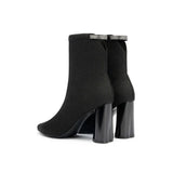 Pointed Toe Block Heel Knit Ankle Boots - Black