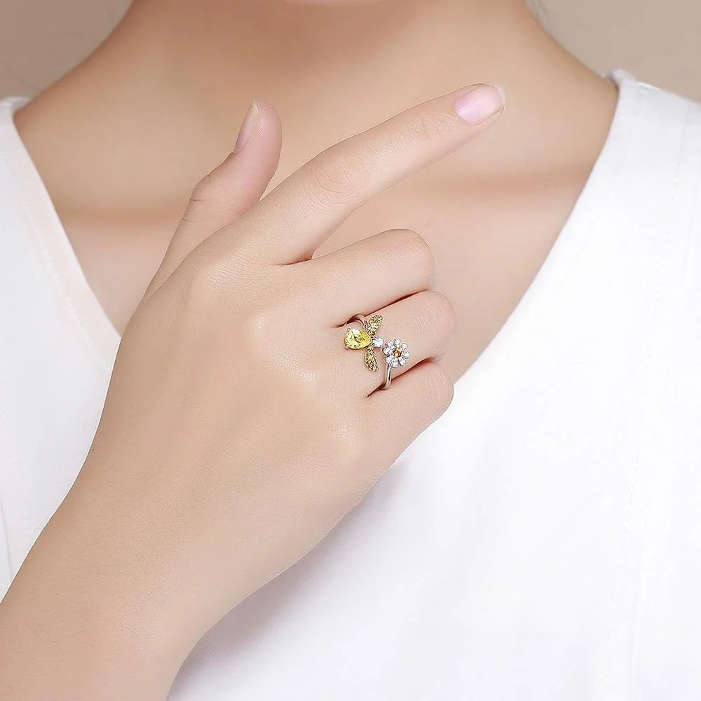Adjustable Solid 925 Sterling Silver Darling Bee Daisy Ring