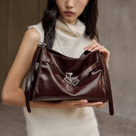 Nalandu Luxe Slouch Lock Shoulder Bag - Chocolate
