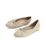 Rhinestone Bow Ballet Flats - Beige