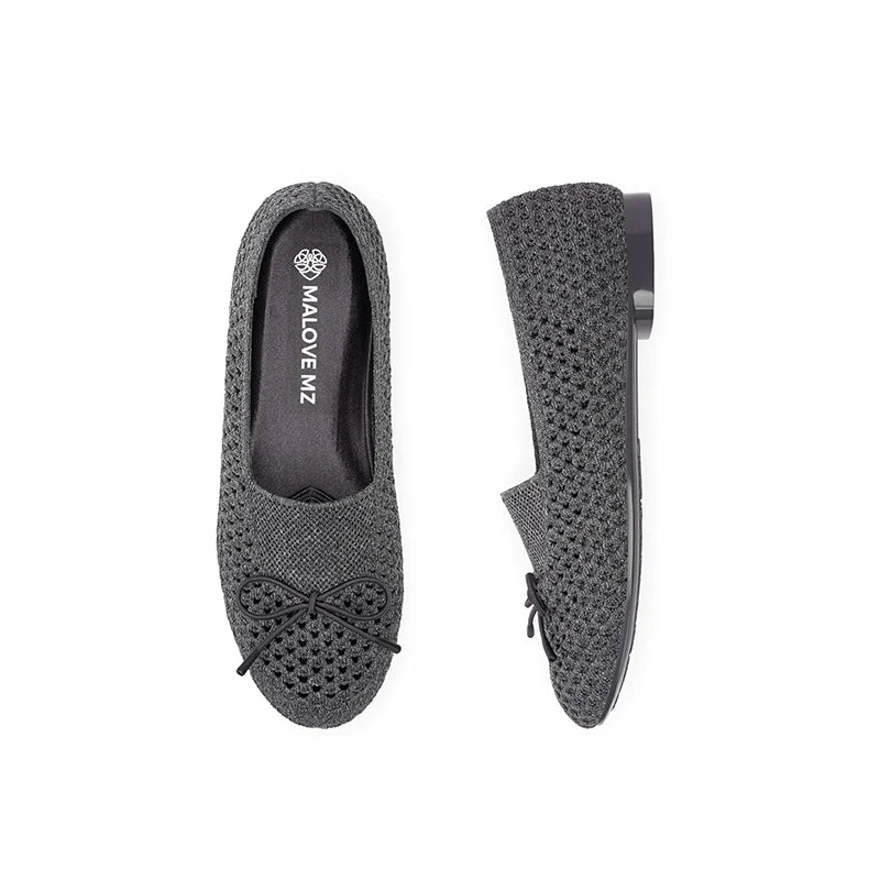 Bow Hollow Mesh Knit Round Toe Low Heel Flats - Charcoal