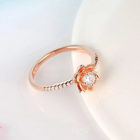 Bullion Gold Modern Lotus Flower and Simulated Diamonds Accent Rose Gold Layered Band Ring
