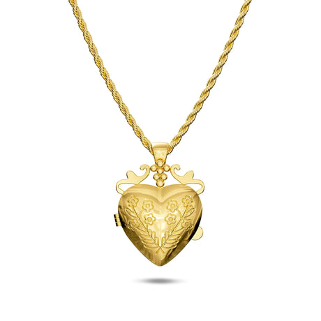 Bullion Gold Floral Heart Photo Locket Necklace
