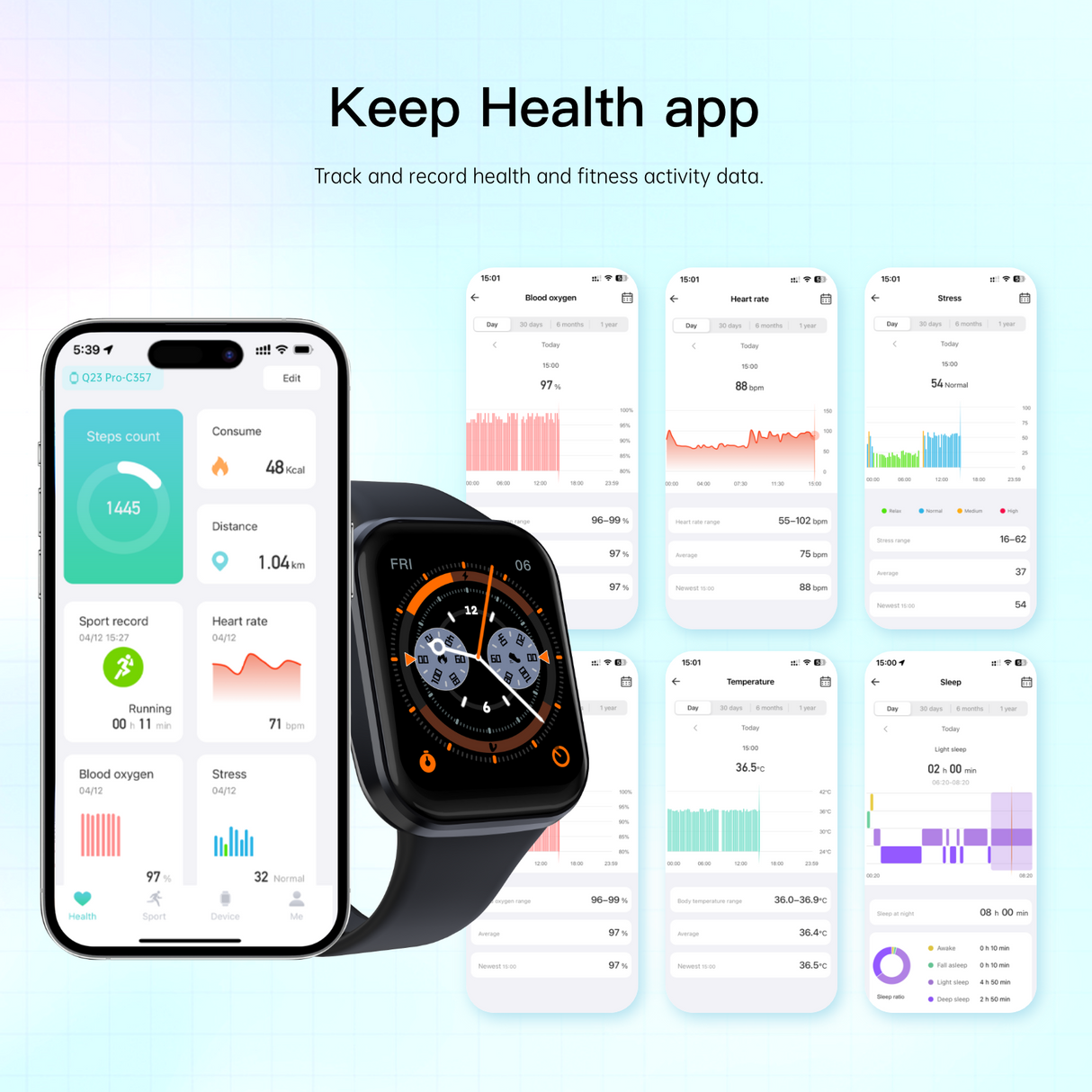 Bluetooth Smart Watch 1.83" Touch Screen Heart Rate BT 5.3 - Black