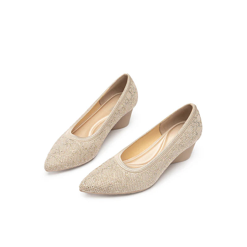 Rhinestone Check Knit Pointed Toe Wedge Pumps - Beige