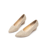 Rhinestone Check Knit Pointed Toe Wedge Pumps - Beige
