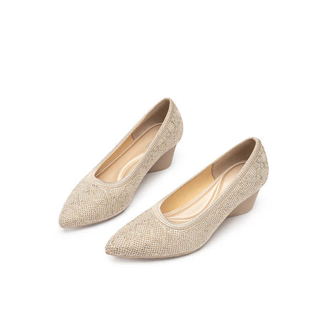 Rhinestone Check Knit Pointed Toe Wedge Pumps - Beige