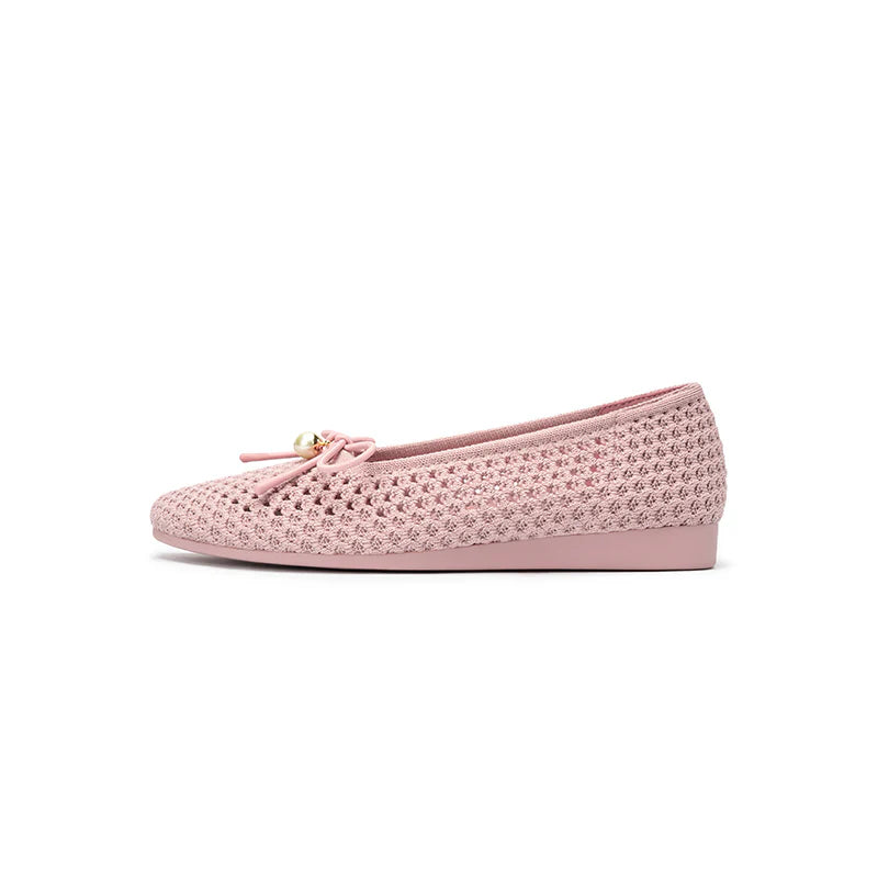 Pearl Bow Heart Mesh Knit Round Toe Wedge Flats - Pink