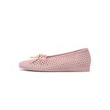 Pearl Bow Heart Mesh Knit Round Toe Wedge Flats - Pink