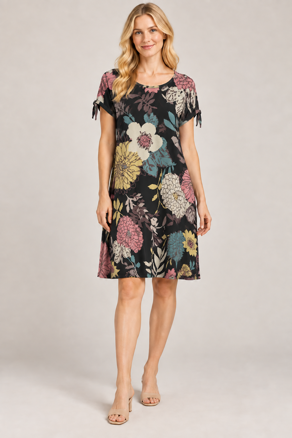 Worship Women's loose Dress with Tie Sleeve - BlackFloral
