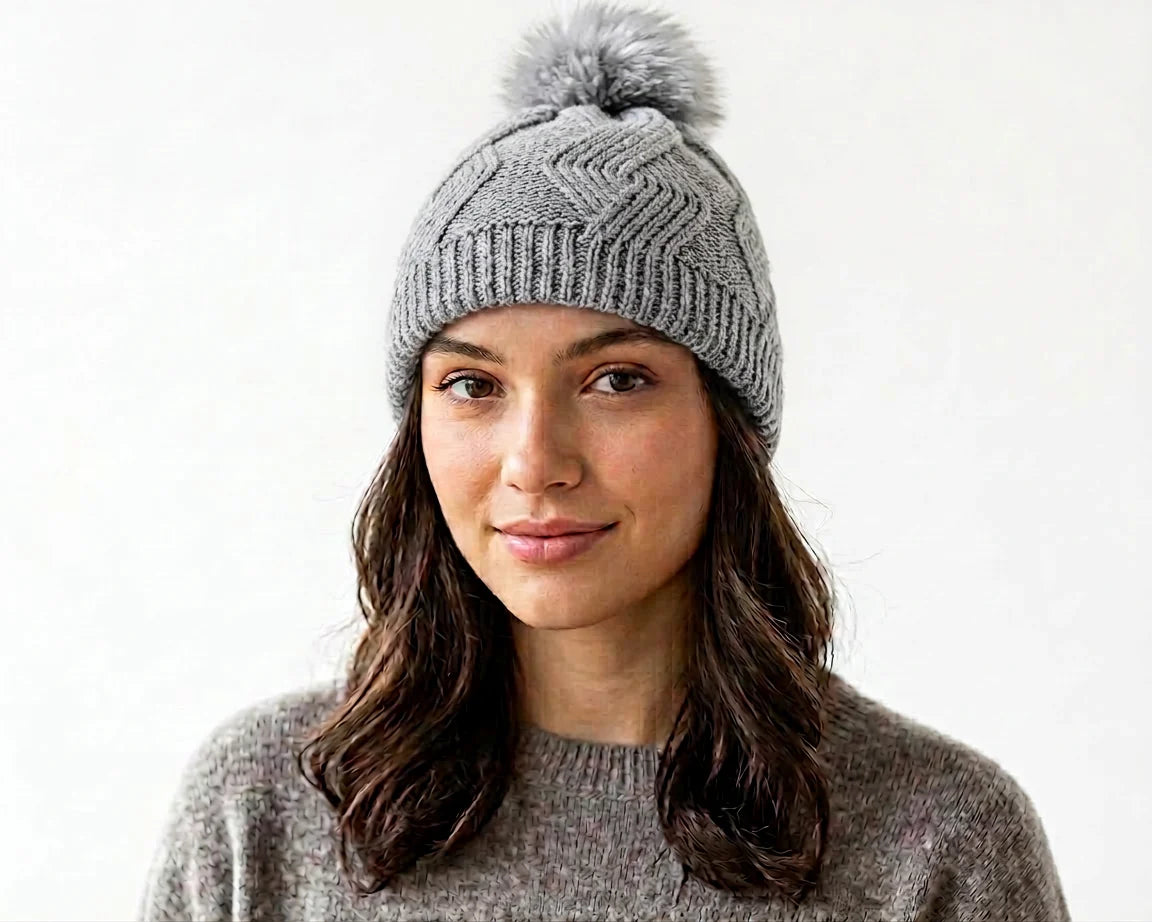 Cherry Red Braid Beanie W/ Pom Pom - Light Grey