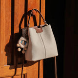 Nalandu Colorblock Leather Bucket Shoulder Bag - Ivory