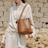 Nalandu Luxe Genuine Leather Bucket Tote Shoulder Bag - Brown