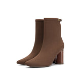 Pointed Toe Block Heel Knit Ankle Boots - Coffee