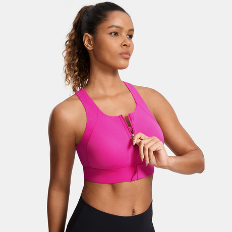 Power On Zip Front Racerback High Impact Sports Bra - Rose