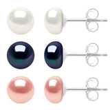 3 Pair Earring Set Freshwater Pearl White & Black & Pink 6-7mm