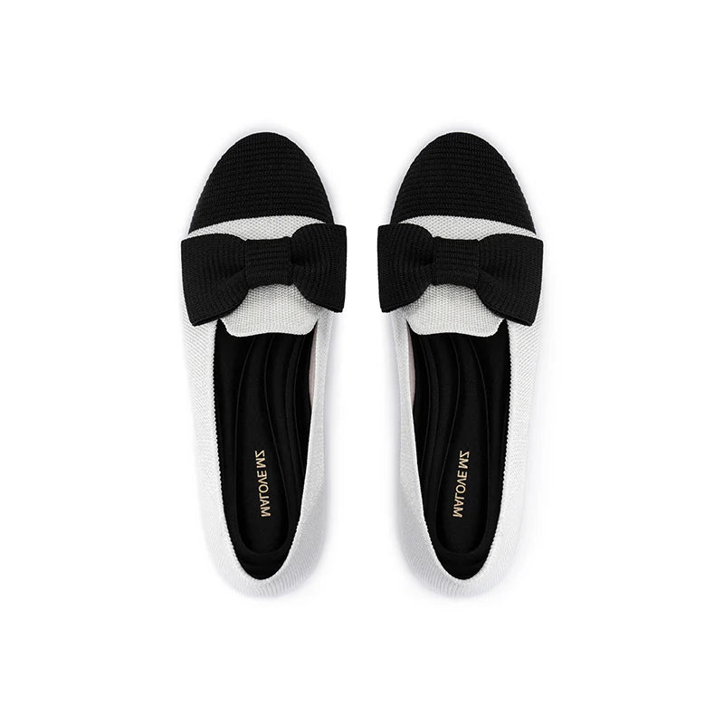 Bow Detail Round Toe Knit Flat Loafers - White