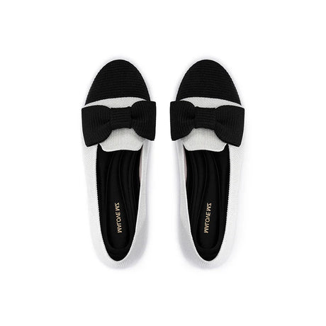 Bow Detail Round Toe Knit Flat Loafers - White
