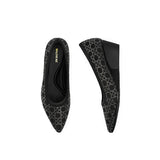 Rhinestone Check Knit Pointed Toe Wedge Pumps - Black