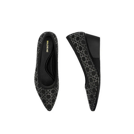 Rhinestone Check Knit Pointed Toe Wedge Pumps - Black