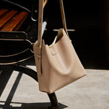 Nalandu Minimalist Genuine Leather Bucket Shoulder Bag - Taupe
