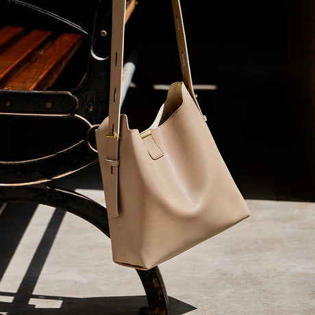Nalandu Minimalist Genuine Leather Bucket Shoulder Bag - Taupe