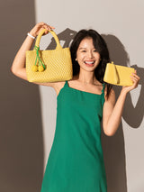 Happy Mini Woven Leather Top Handle Bag - Yellow